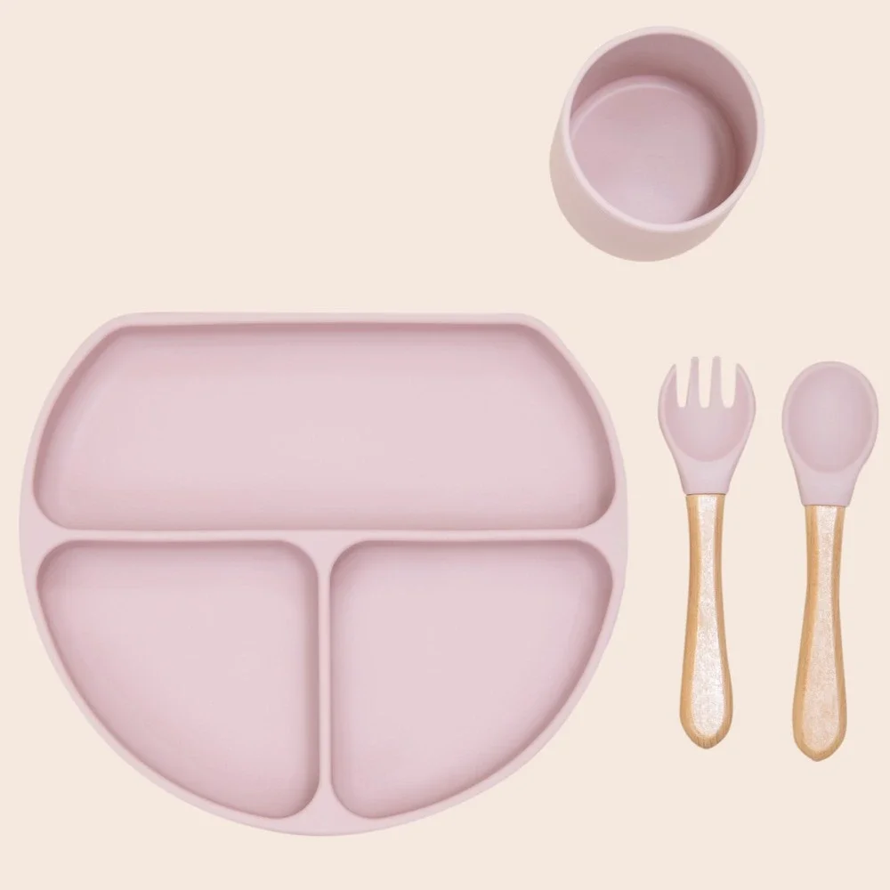 6pc Baby Silicone Feeding Set Suction Plate Bowl Bib Cup Spoon Fork Dusty Rose